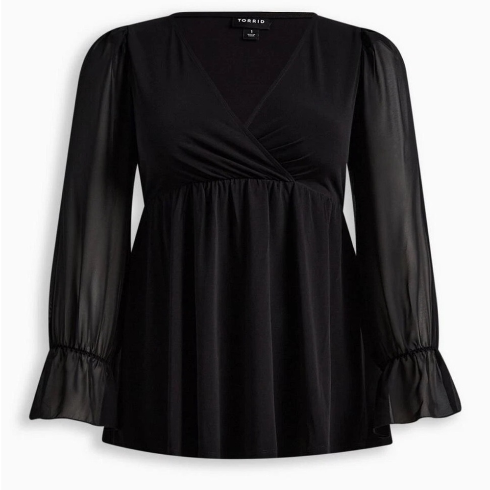 torrid Black V-Neck Surplice Babydoll Top with Sheer Bell Sleeves